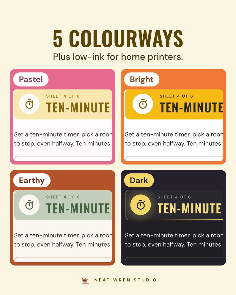 The ten-minute sheet in four colourways, Pastel, Bright, Earthy and Dark, under the headline 5 colourways, plus low-ink for home printers.