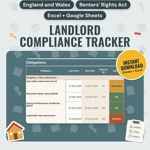 UK Landlord Compliance Tracker | Gas Safety, EICR, EPC, Deposit and Renters' Rights Act Dates (Google Sheets & Excel)