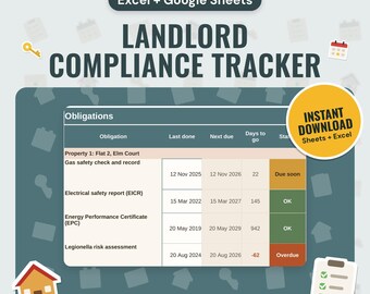 UK Landlord Compliance Tracker | Gas Safety, EICR, EPC, Deposit and Renters' Rights Act Dates (Google Sheets & Excel)