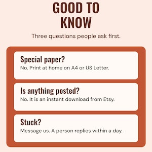 Good to know: print at home on A4 or US Letter, nothing is posted because it is an instant download, and a person replies to messages within a day.