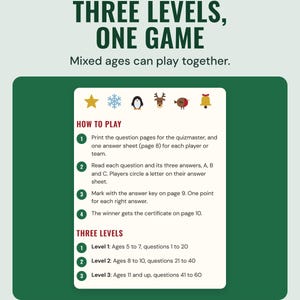 The kids trivia how to play page with four steps and the three levels by age, under the headline Three levels, one game, and the line Mixed ages can play together.