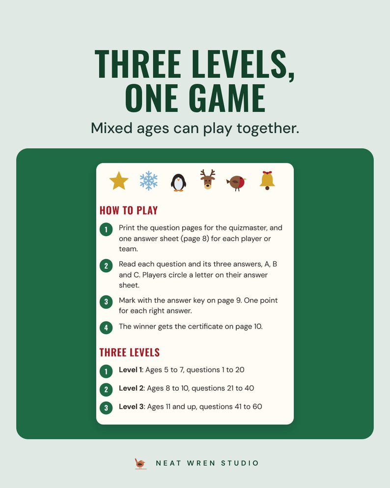 The kids trivia how to play page with four steps and the three levels by age, under the headline Three levels, one game, and the line Mixed ages can play together.