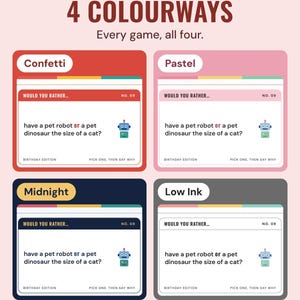 The same would you rather card in four colourways: Confetti, Pastel, Midnight and Low Ink.