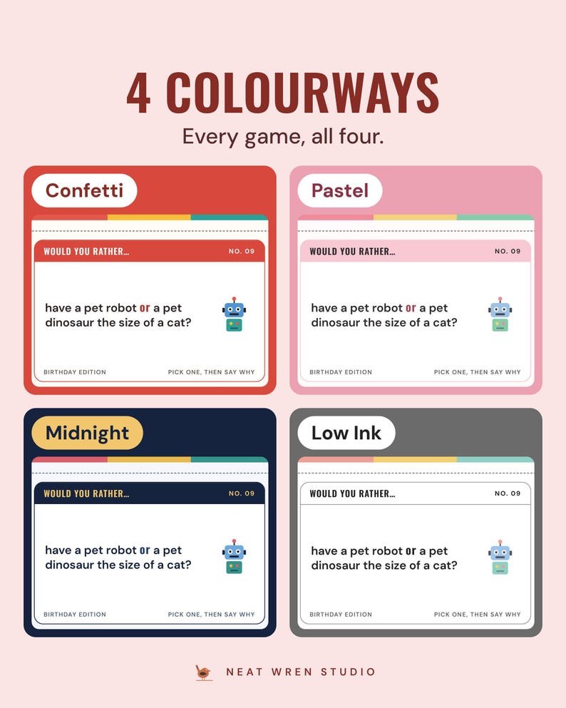 The same would you rather card in four colourways: Confetti, Pastel, Midnight and Low Ink.