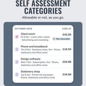 Expenses for October in Self Assessment categories, a client lunch marked not allowable.