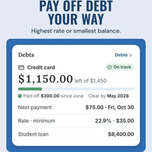 The app's debts card with $1,150.00 left of $1,450 on a credit card, clear by May 2028, under the headline Pay off debt your way, highest rate or smallest balance.