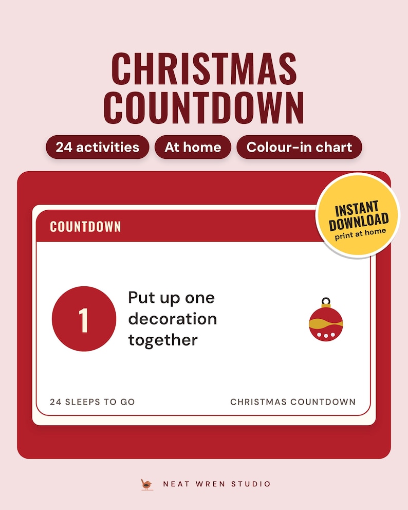 Christmas Countdown Calendar Printable: main listing photo showing the product with an 'Instant download' badge. Digital product from Neat Wren Studio.
