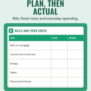 The bills and fixed costs table with plan and actual columns for rent, council tax, energy, water and phone, under the headline Plan, then actual.