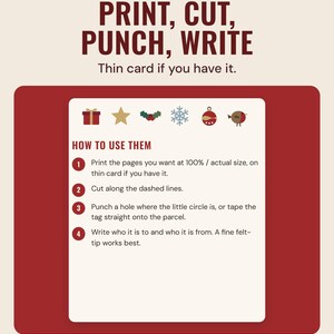 The gift tags how to use them page with four steps, under the headline Print, cut, punch, write, and the line Thin card if you have it.