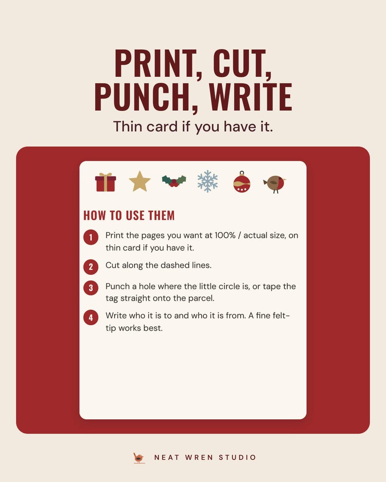 The gift tags how to use them page with four steps, under the headline Print, cut, punch, write, and the line Thin card if you have it.