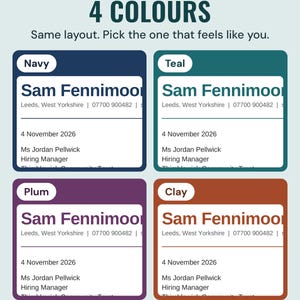 The example cover letter heading in four colours, navy, teal, plum and clay, under the headline 4 colours, and the line Same layout. Pick the one that feels like you.