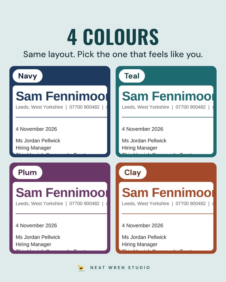The example cover letter heading in four colours, navy, teal, plum and clay, under the headline 4 colours, and the line Same layout. Pick the one that feels like you.
