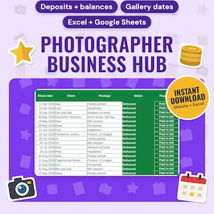 Photography Business Spreadsheet UK | Shoot Tracker, Deposits and Balances, Gallery Dates, Gear List, Tax Set-Aside (Google Sheets & Excel)