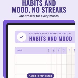 December 2026 habit and mood tracker on a tablet, with a column for each day and rows for your own habits.