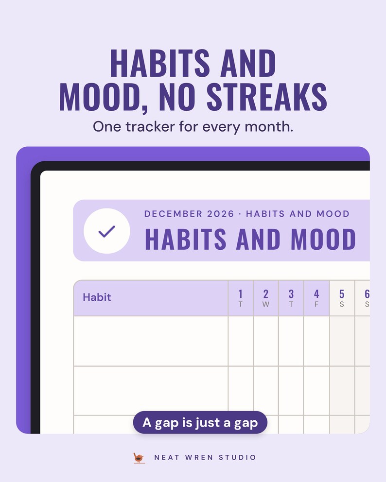 December 2026 habit and mood tracker on a tablet, with a column for each day and rows for your own habits.