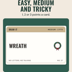 A Christmas pictionary card reading Wreath, medium, 2 points, with a wreath drawing, under the headline Easy, medium and tricky.