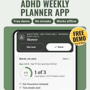 May include: ADHD Weekly Planner App with features including Free demo, No streaks, and Works offline. The interface displays a task list with a Shower step, a progress circle showing 1/3 must, and items like Car insurance renewed.