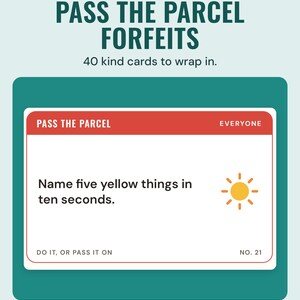 Pass the parcel forfeit card reading: name five yellow things in ten seconds.