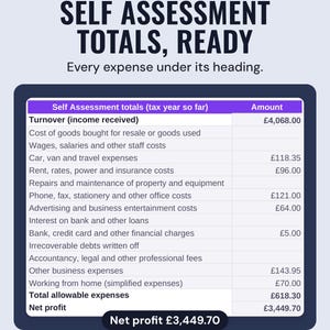 Self Assessment totals by HMRC expense heading with net profit