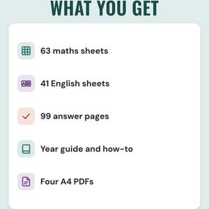 What you get: 63 maths sheets, 41 English sheets, 99 answer pages, a year guide and how-to, four A4 PDFs.
