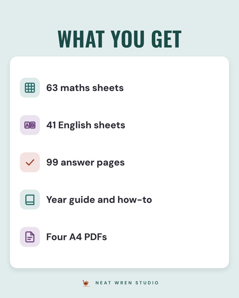 What you get: 63 maths sheets, 41 English sheets, 99 answer pages, a year guide and how-to, four A4 PDFs.