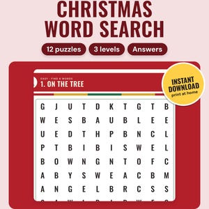 Christmas Word Search Printable: main listing photo showing the product with an 'Instant download' badge. Digital product from Neat Wren Studio.