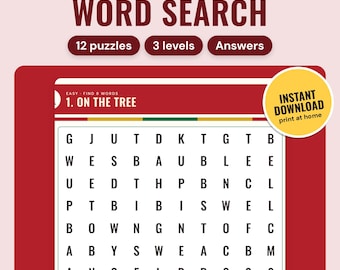 May include: A Christmas word search puzzle sheet featuring 12 puzzles across 3 levels with included answers. The top header reads CHRISTMAS WORD SEARCH, and the puzzle grid is titled 1. ON THE TREE. A yellow circle badge states INSTANT DOWNLOAD print at home.