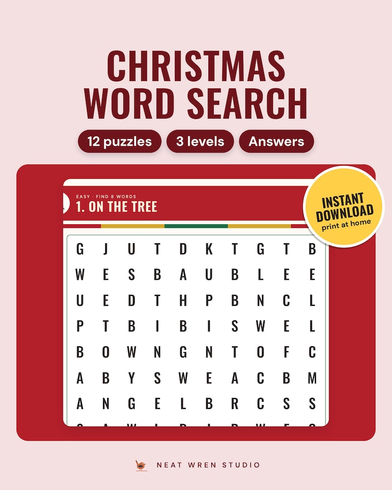 Christmas Word Search Printable: main listing photo showing the product with an 'Instant download' badge. Digital product from Neat Wren Studio.