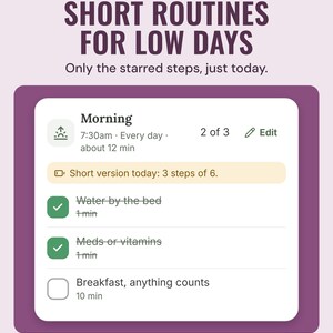Morning routine on a low-energy day showing its short version: 3 starred steps of 6, two ticked.