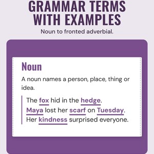 Grammar term card for noun with a definition and example sentences, nouns underlined.