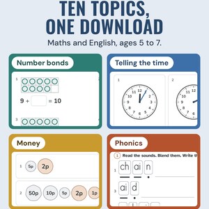 Four of the ten topics: number bonds ten frames, telling the time clocks, counting UK coins and phonics sound buttons.