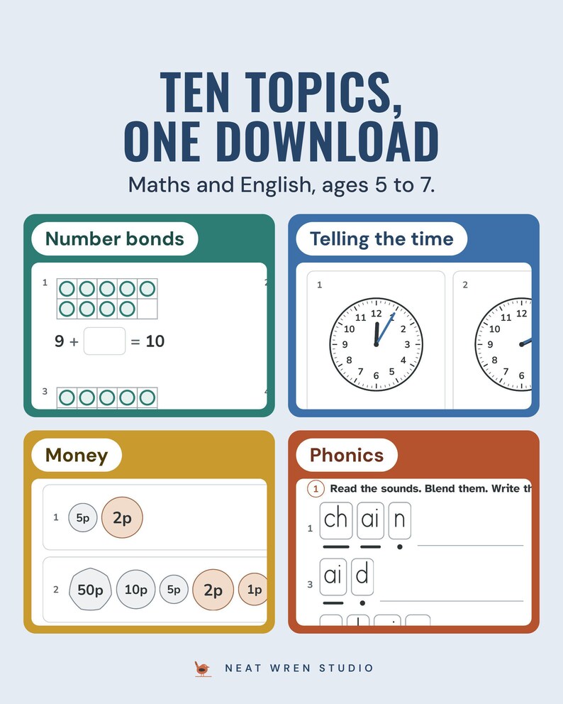 Four of the ten topics: number bonds ten frames, telling the time clocks, counting UK coins and phonics sound buttons.