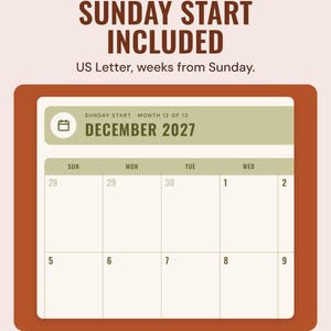 The December 2027 month page with weeks starting on Sunday, under the headline Sunday start included, and the line US Letter, weeks from Sunday.