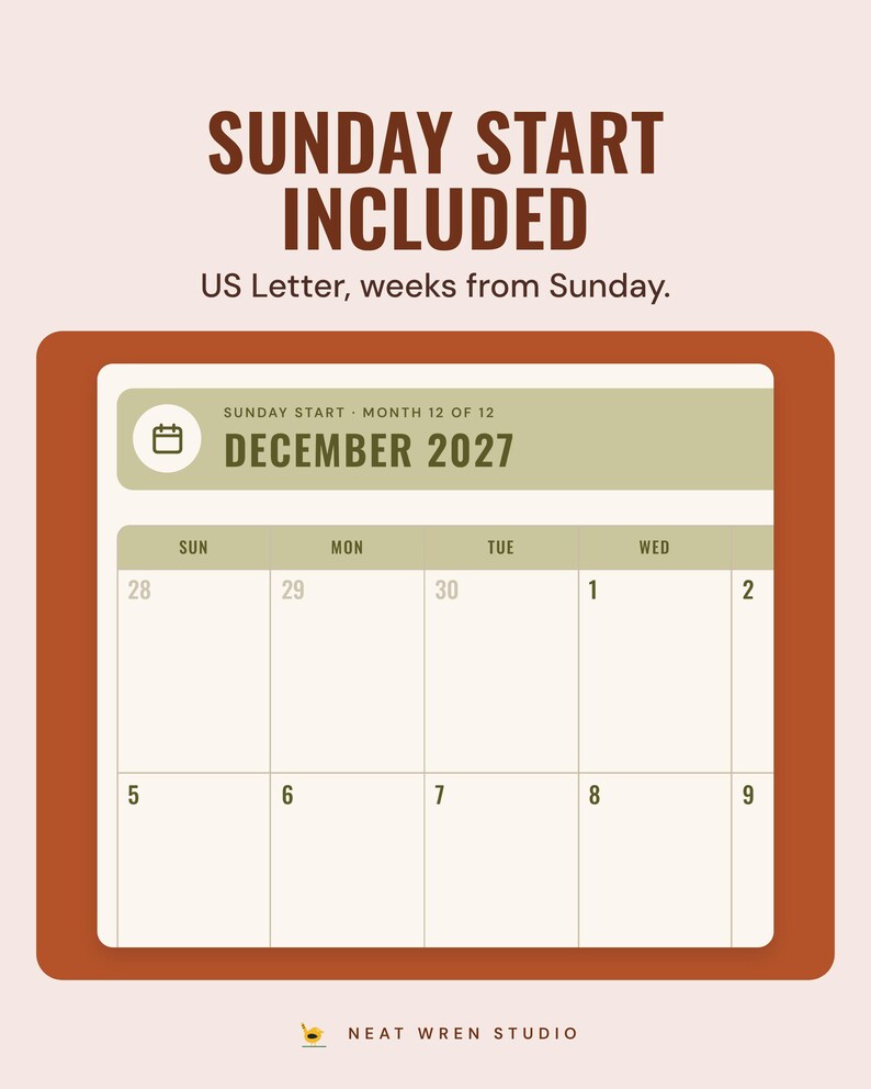 The December 2027 month page with weeks starting on Sunday, under the headline Sunday start included, and the line US Letter, weeks from Sunday.