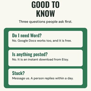 Good to know: Google Docs works if you do not have Word, nothing is posted because it is an instant download, and a person replies to messages within a day.