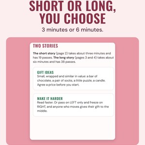 The two stories page with gift ideas and a make it harder tip, under the headline Short or long, you choose, and the line 3 minutes or 6 minutes.