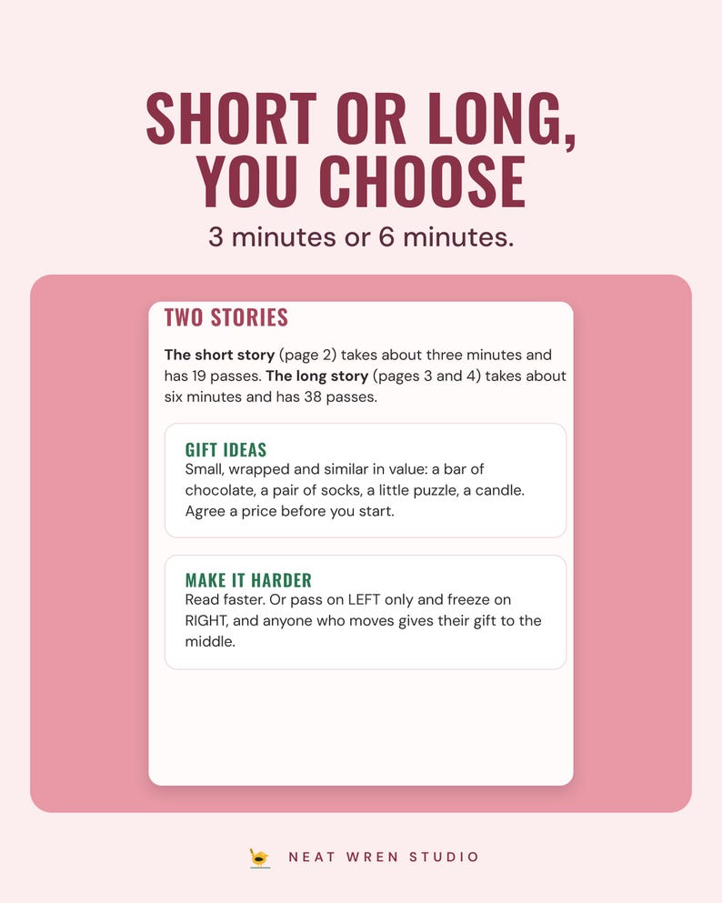 The two stories page with gift ideas and a make it harder tip, under the headline Short or long, you choose, and the line 3 minutes or 6 minutes.