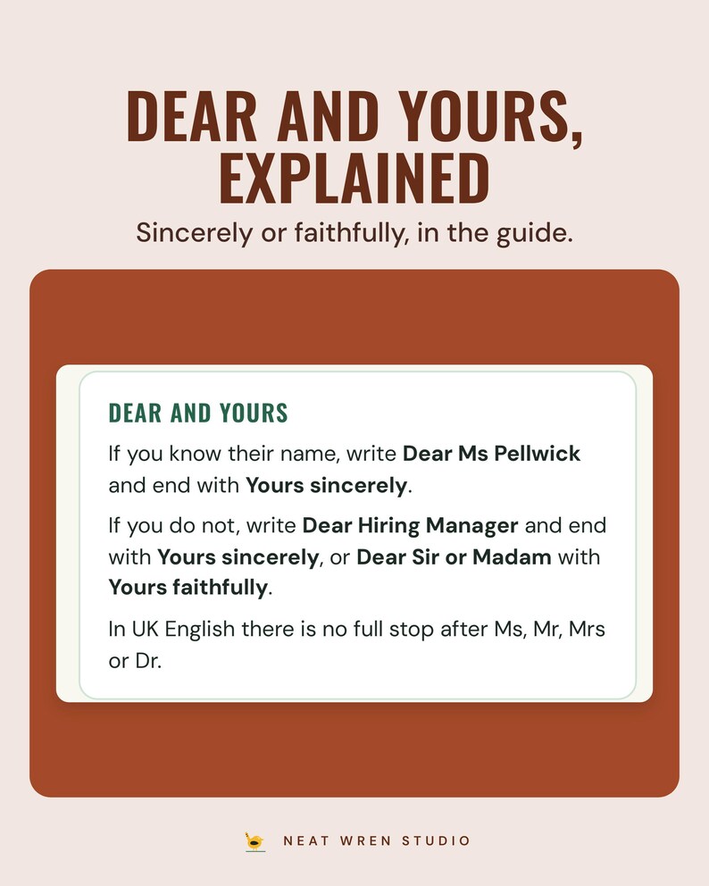 A guide box explaining when to write Dear Ms Patel and Yours sincerely or Dear Sir or Madam and Yours faithfully, under the headline Dear and yours, explained.