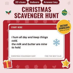 Christmas Scavenger Hunt Printable, Indoor Treasure Hunt for Kids | 20 Rhyming Clue Cards, Picture Hunt, Answer Key | A4 + US Letter