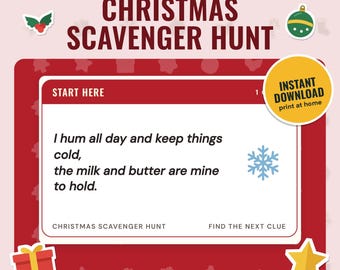 Christmas Scavenger Hunt Printable, Indoor Treasure Hunt for Kids | 20 Rhyming Clue Cards, Picture Hunt, Answer Key | A4 + US Letter