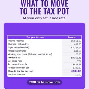 Dashboard showing what to move to the tax pot, £138.87 in the example