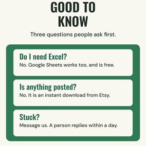 Good to know: you do not need Excel because Google Sheets works too, nothing is posted because it is an instant download, and a person replies to messages within a day.
