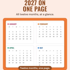 Part of the 2027 year-at-a-glance page in the Bright colourway, showing the January, February, April and May calendars.