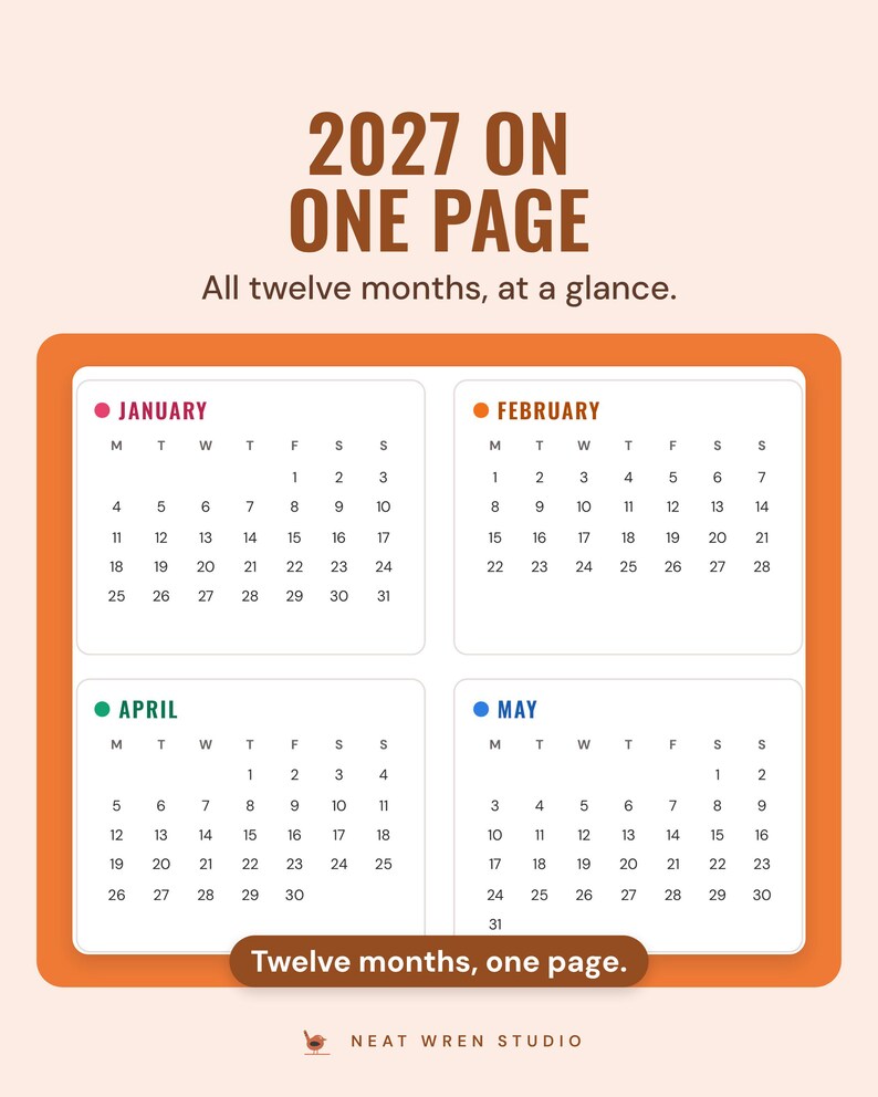 Part of the 2027 year-at-a-glance page in the Bright colourway, showing the January, February, April and May calendars.
