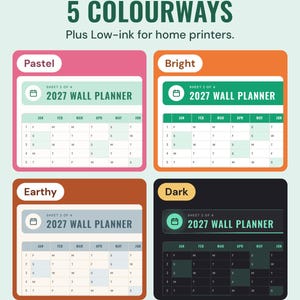 The 2027 wall planner header in four colourways, Pastel, Bright, Earthy and Dark, under the headline 5 colourways, plus low-ink for home printers.