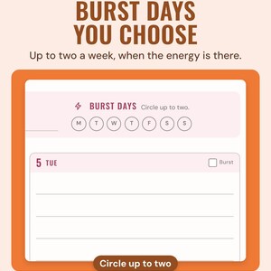 The burst days row with weekday circles to pick up to two, under the headline Burst days you choose, with a note: circle up to two.