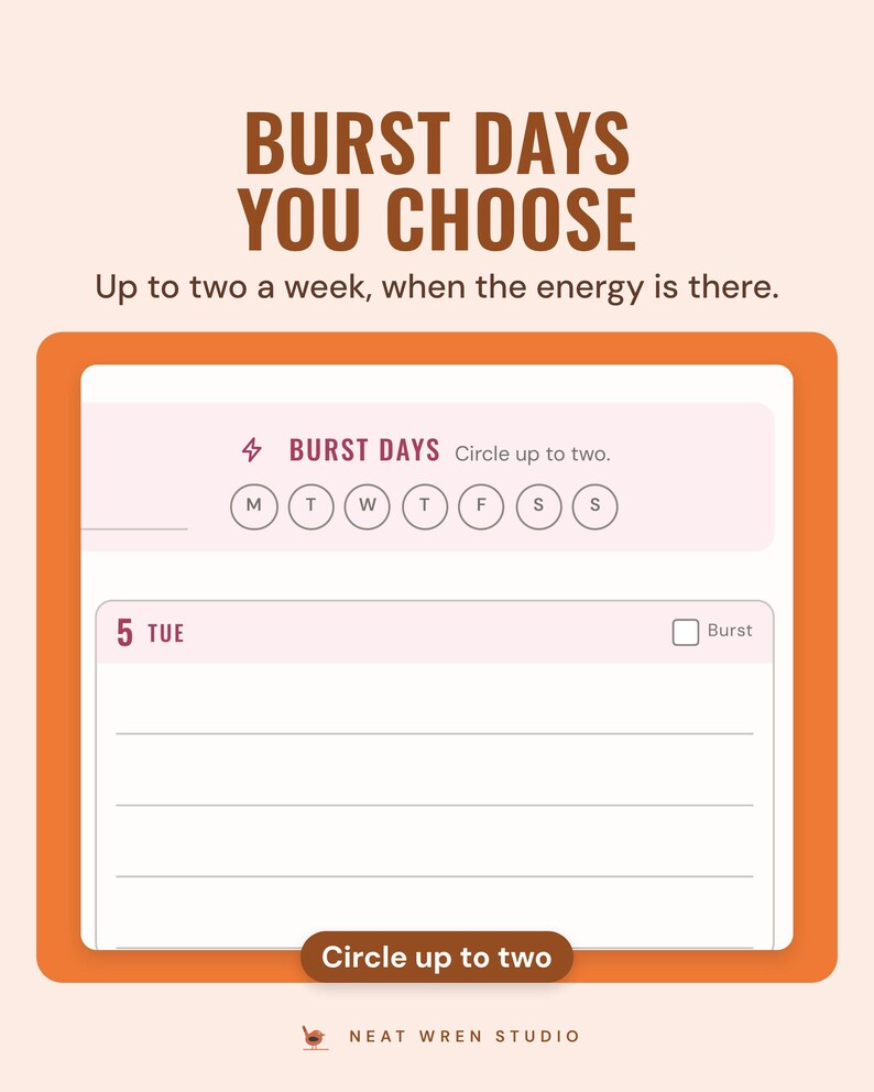 The burst days row with weekday circles to pick up to two, under the headline Burst days you choose, with a note: circle up to two.