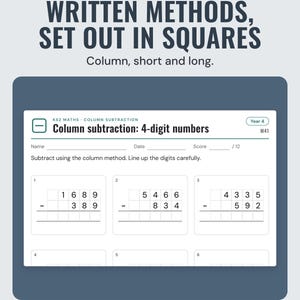 Column subtraction worksheet with 4-digit numbers set out in squares, one digit per square.