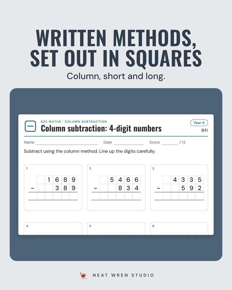 Column subtraction worksheet with 4-digit numbers set out in squares, one digit per square.