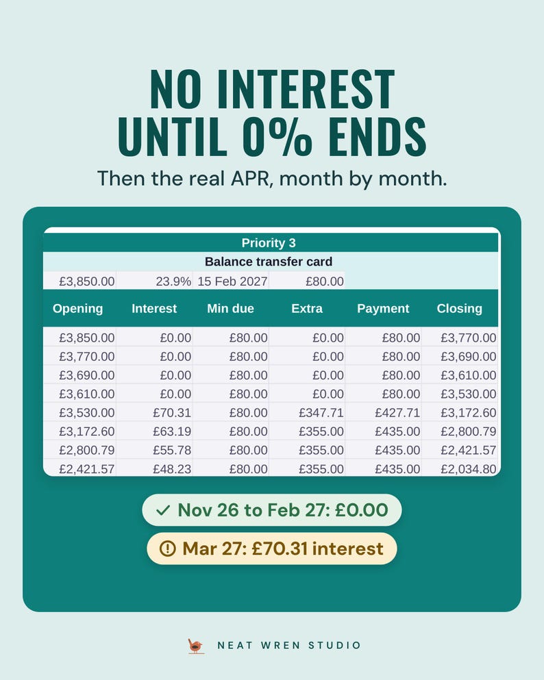 Schedule rows for a balance transfer card showing £0.00 interest from November to February, then £70.31 interest in March once the 0% deal ends.